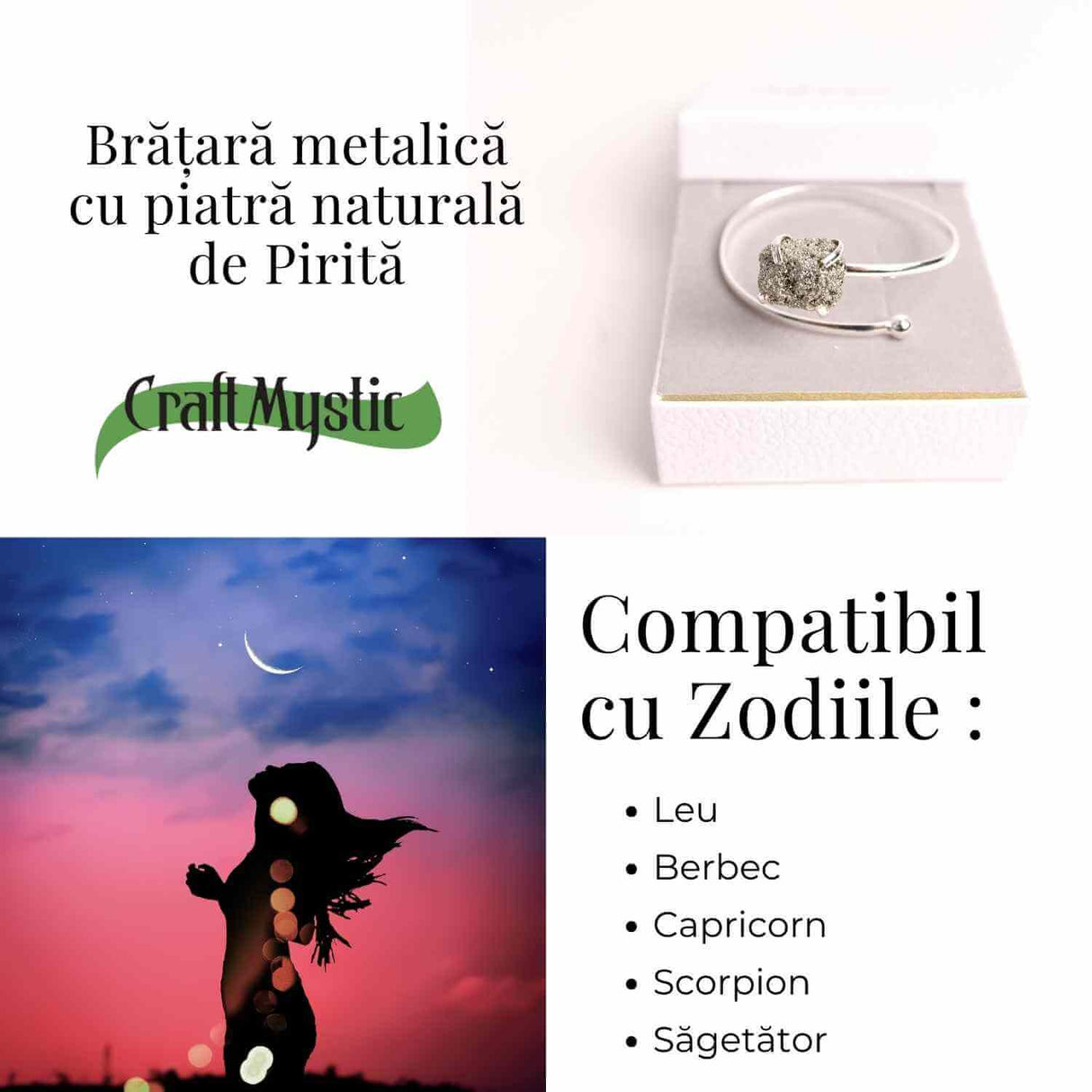 Bratara Metalica Argintie cu Piatra de Pirita, Eleganta si Prosperitate