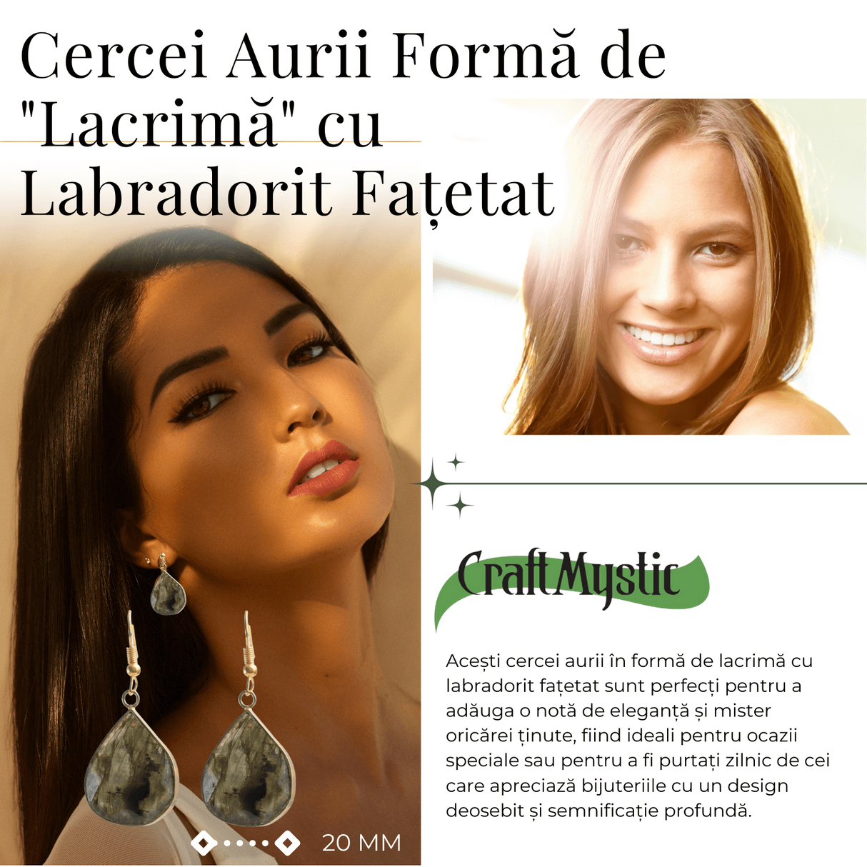 Cercei Aurii cu Labradorit Natural Fatetat in forma de "lacrima"
