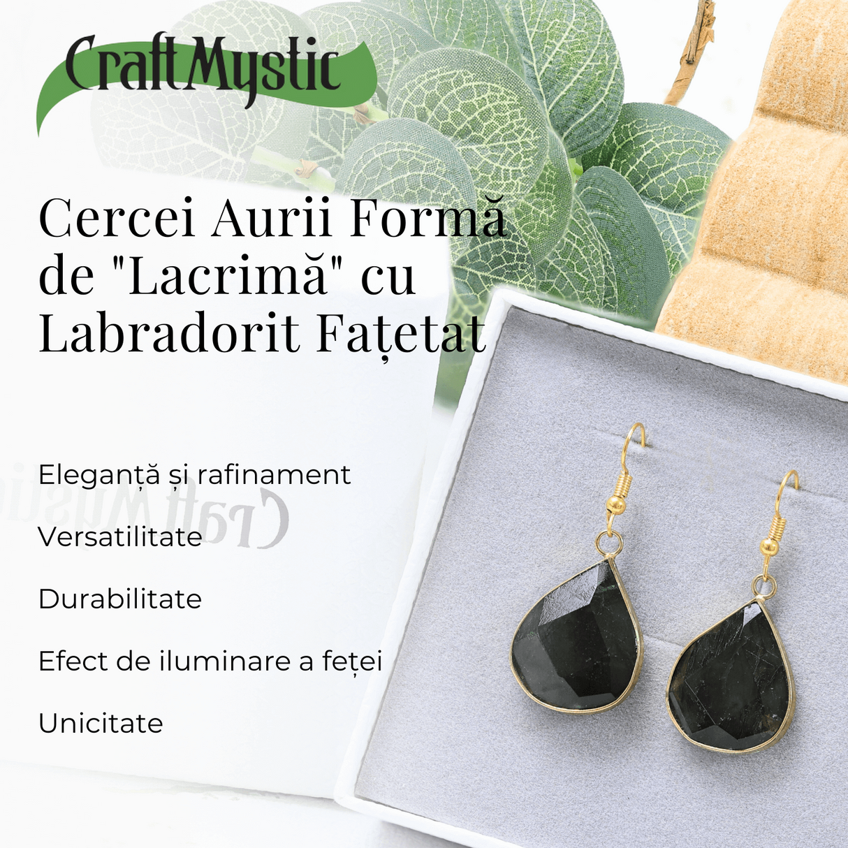 Cercei Aurii cu Labradorit Natural Fatetat in forma de "lacrima"