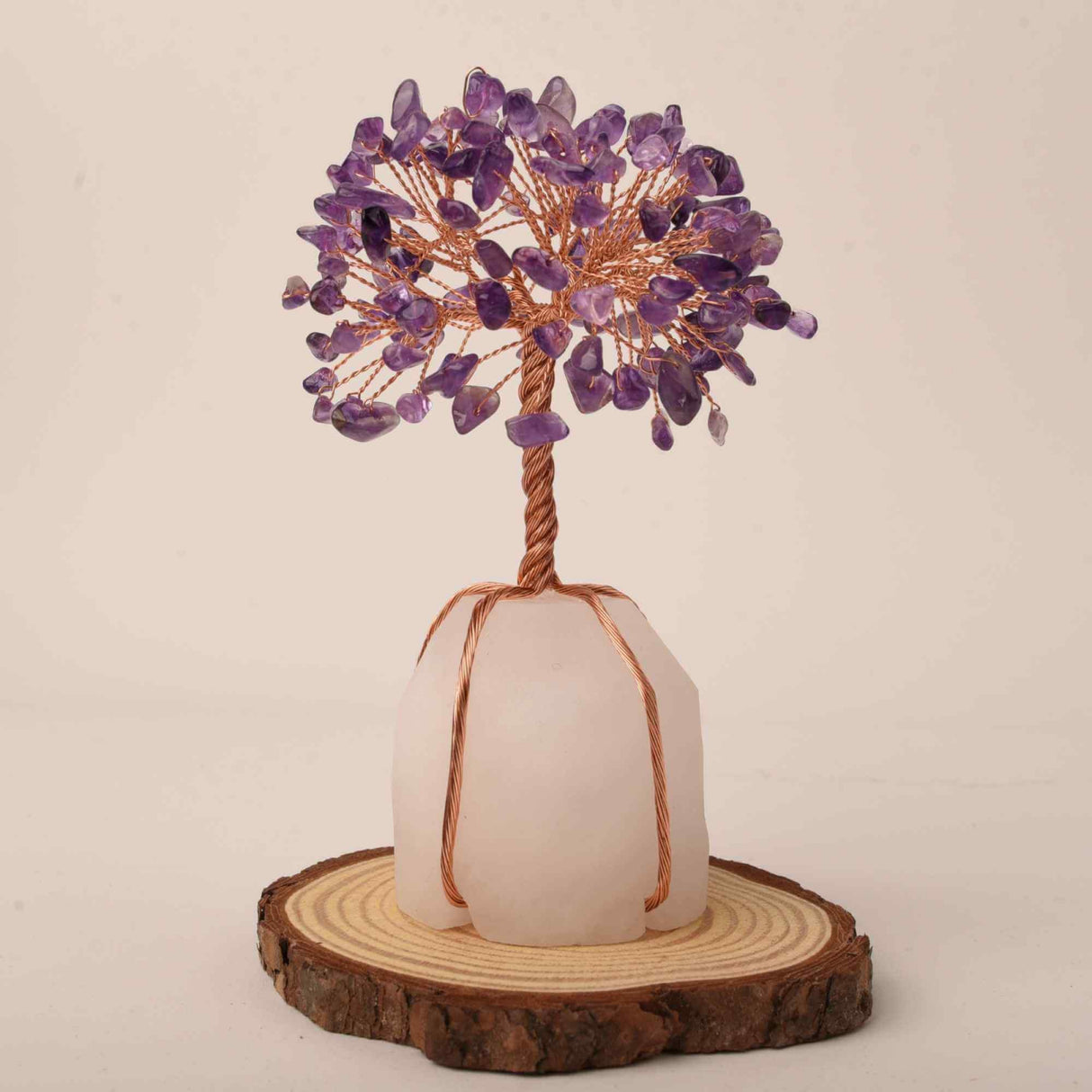 Copacel 13-14 cm din pietre semipretioase polisate de ametist si baza de piatra naturala de cuart transparent - Arbore din cristale semipretioase pentru energie pozitiva atrage norocul, decor Feng Sh