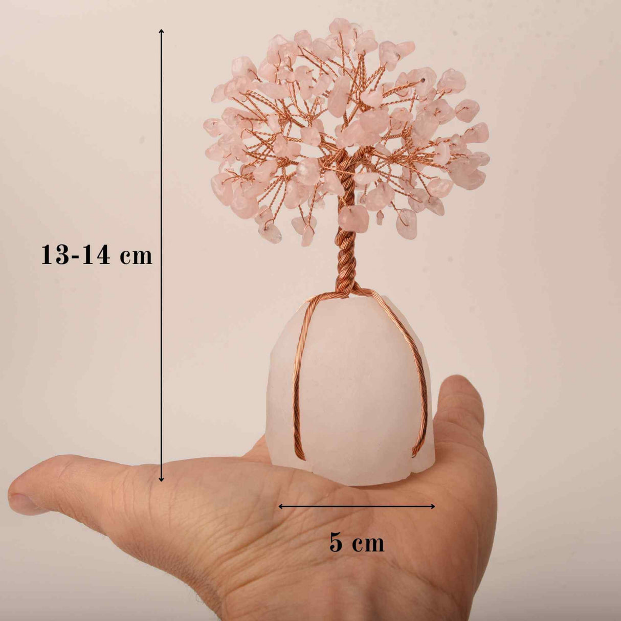 Arborele vietii 13-14 cm din pietre semipretioase polisate de cuart roz si baza de piatra naturala de cuart roz - Copacel de cristal pentru energie pozitiva atrage norocul, decor Feng Shui, cadou spi