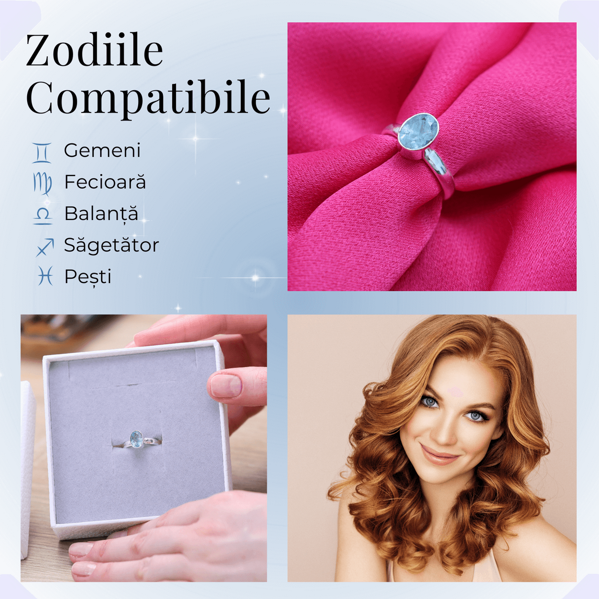 Inel Reglabil din Argint 925 cu Piatra Naturala de Acvamarin