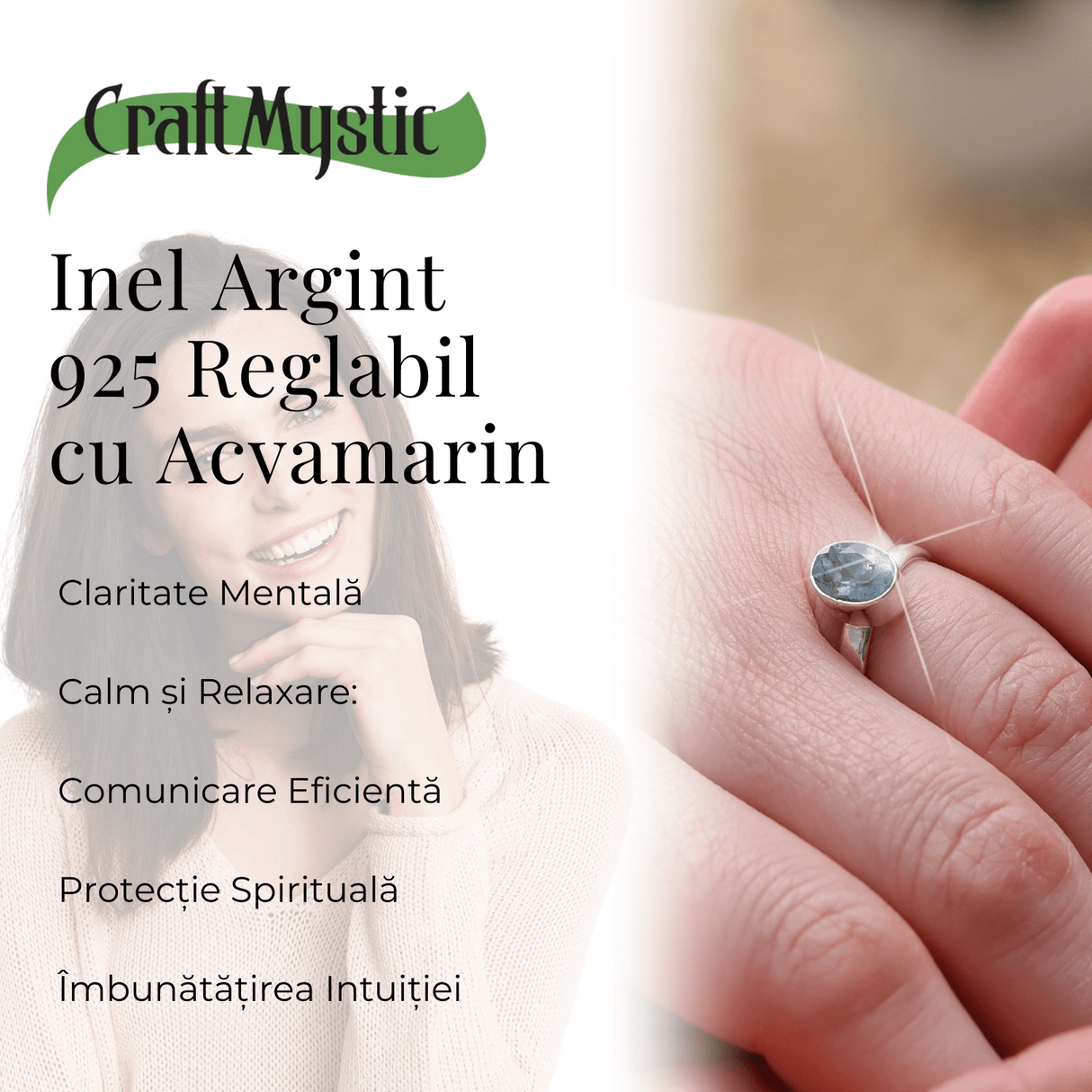 Inel Reglabil din Argint 925 cu Piatra Naturala de Acvamarin
