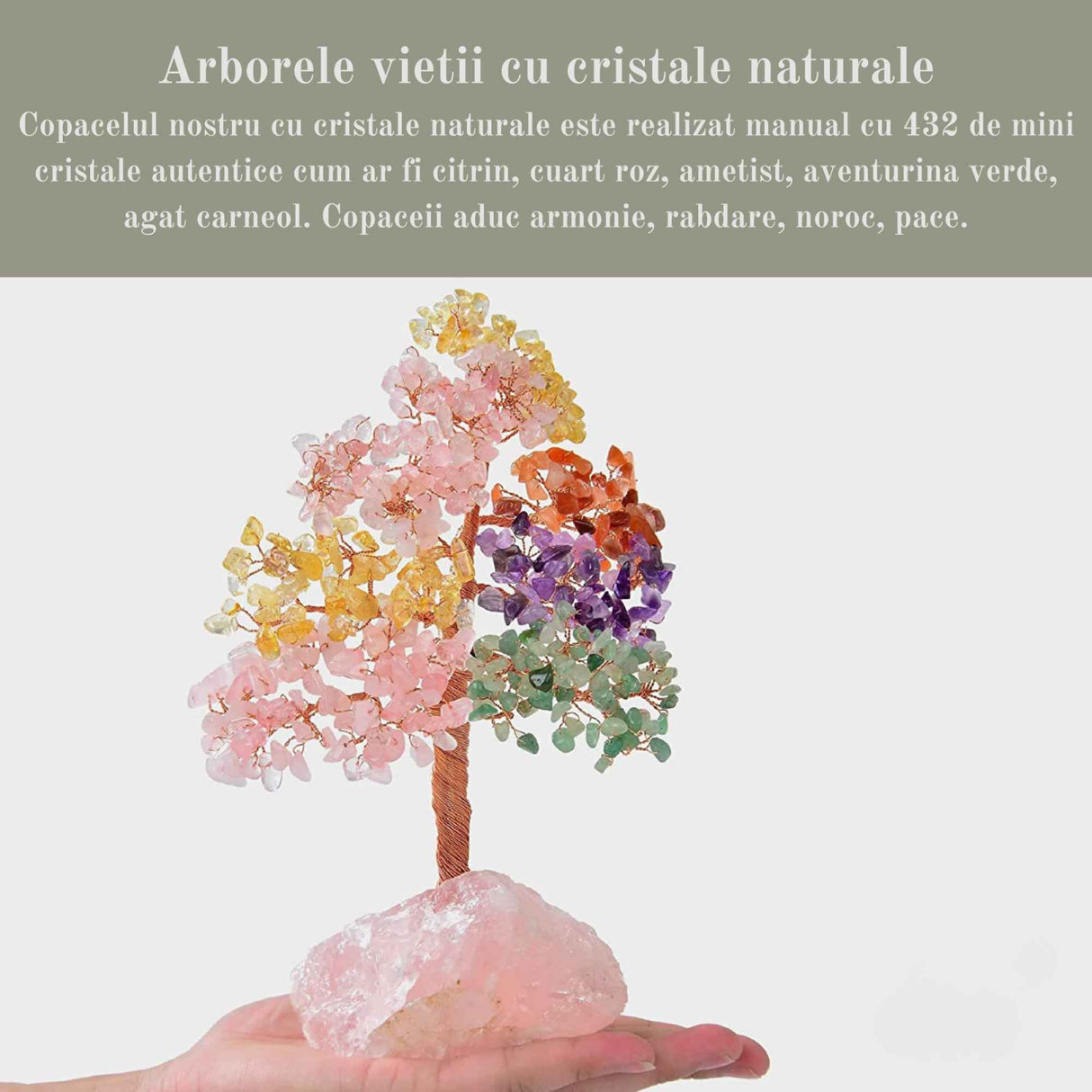 Arborele vietii premium din cristale naturale Chakra cu baza de cuart roz cu proprietati vindecatoare - Bonsai Feng Shui pentru vindecare si noroc 20 cm si 432 mini pietre naturale si baza din cristal