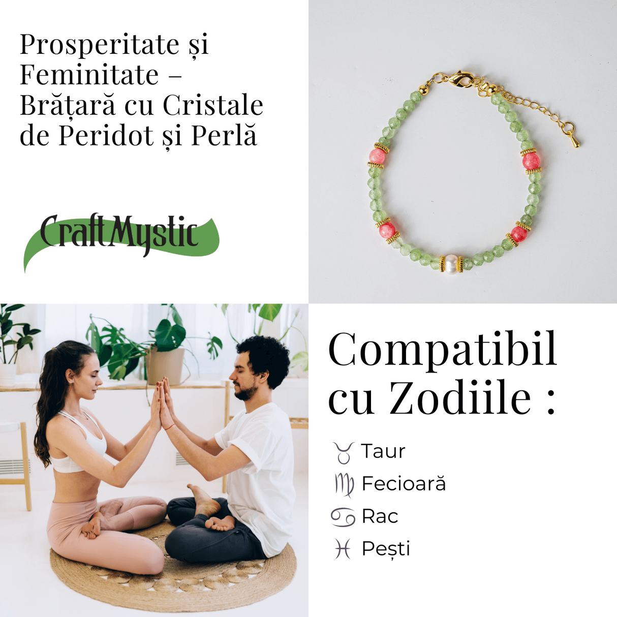 Prosperitate si Feminitate – Bratara cu Cristale de Peridot si Perla