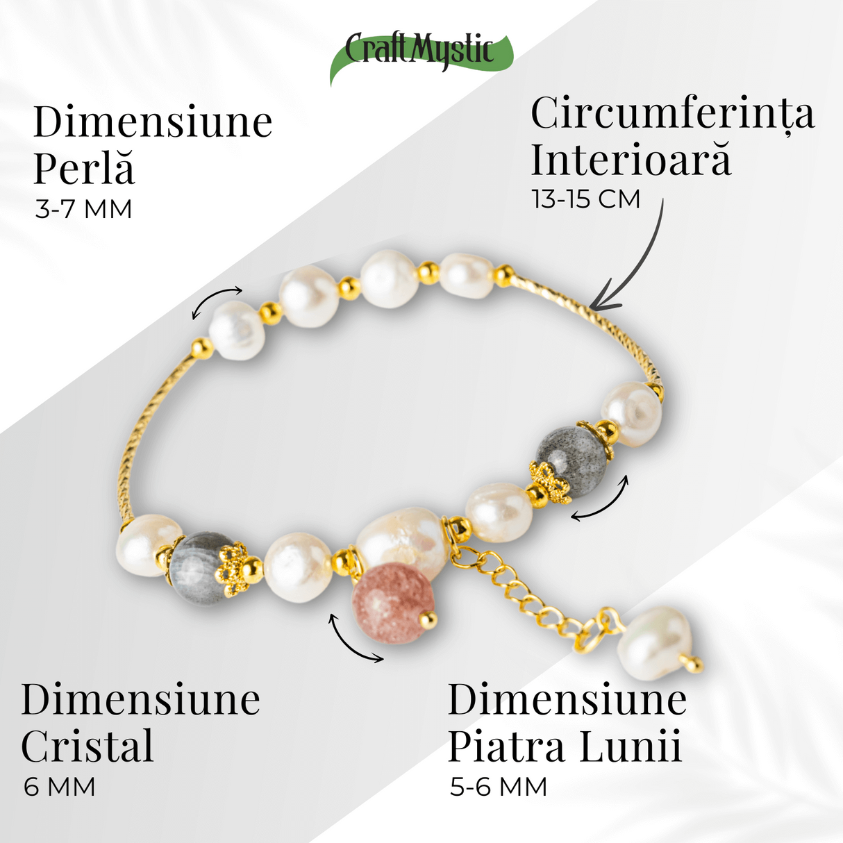 Energie Feminina– Bratara cu Perle, Piatra lunii si Cristal Capsuna