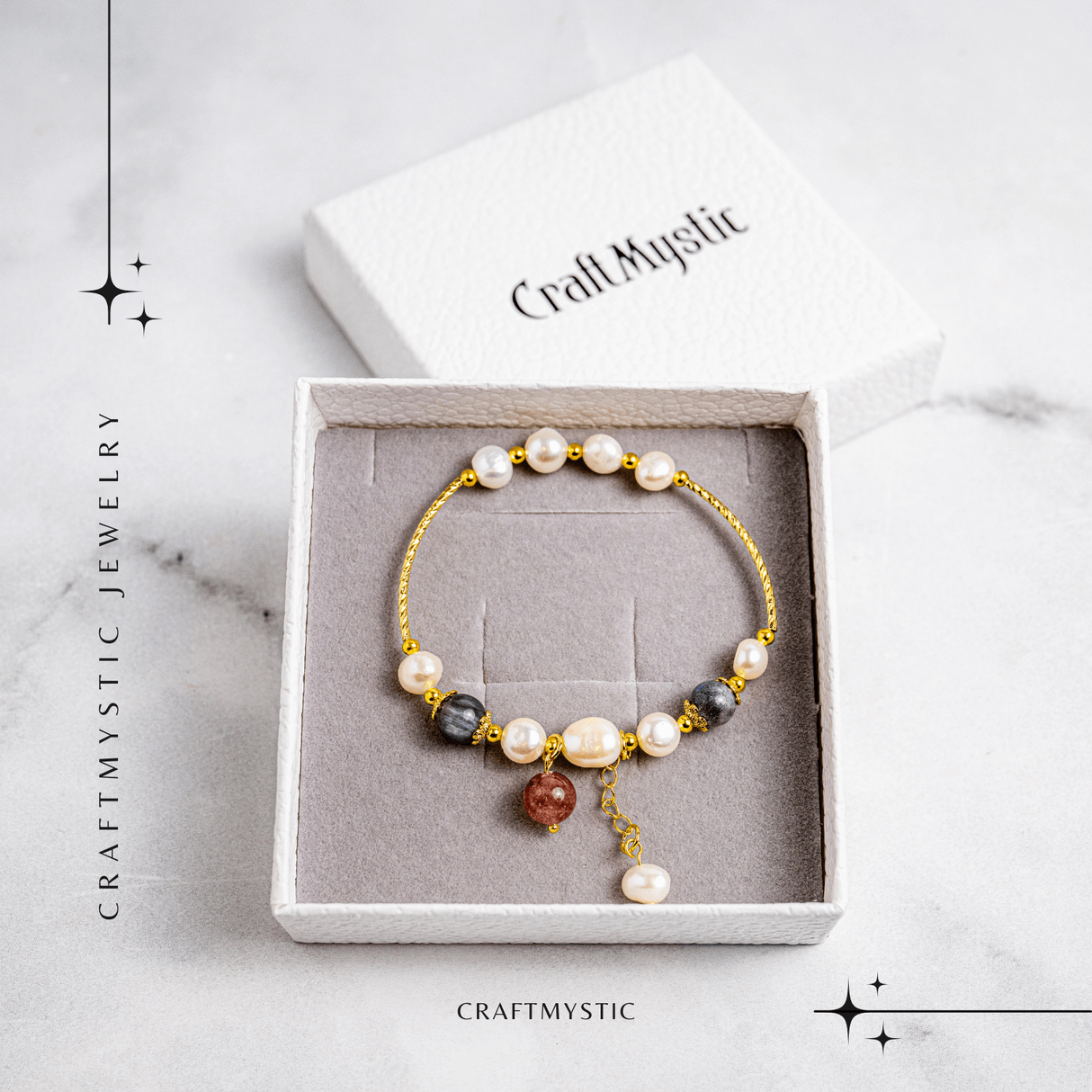 Energie Feminina– Bratara cu Perle, Piatra lunii si Cristal Capsuna