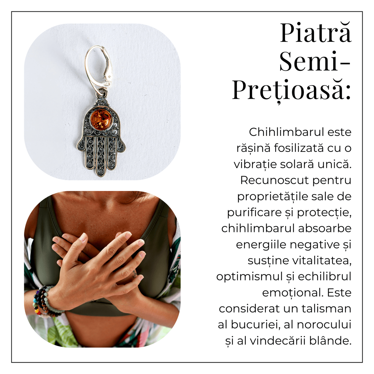 Mana protectiei blande – Cercei cu Mana Fatimei si chihlimbar in montura argint 925