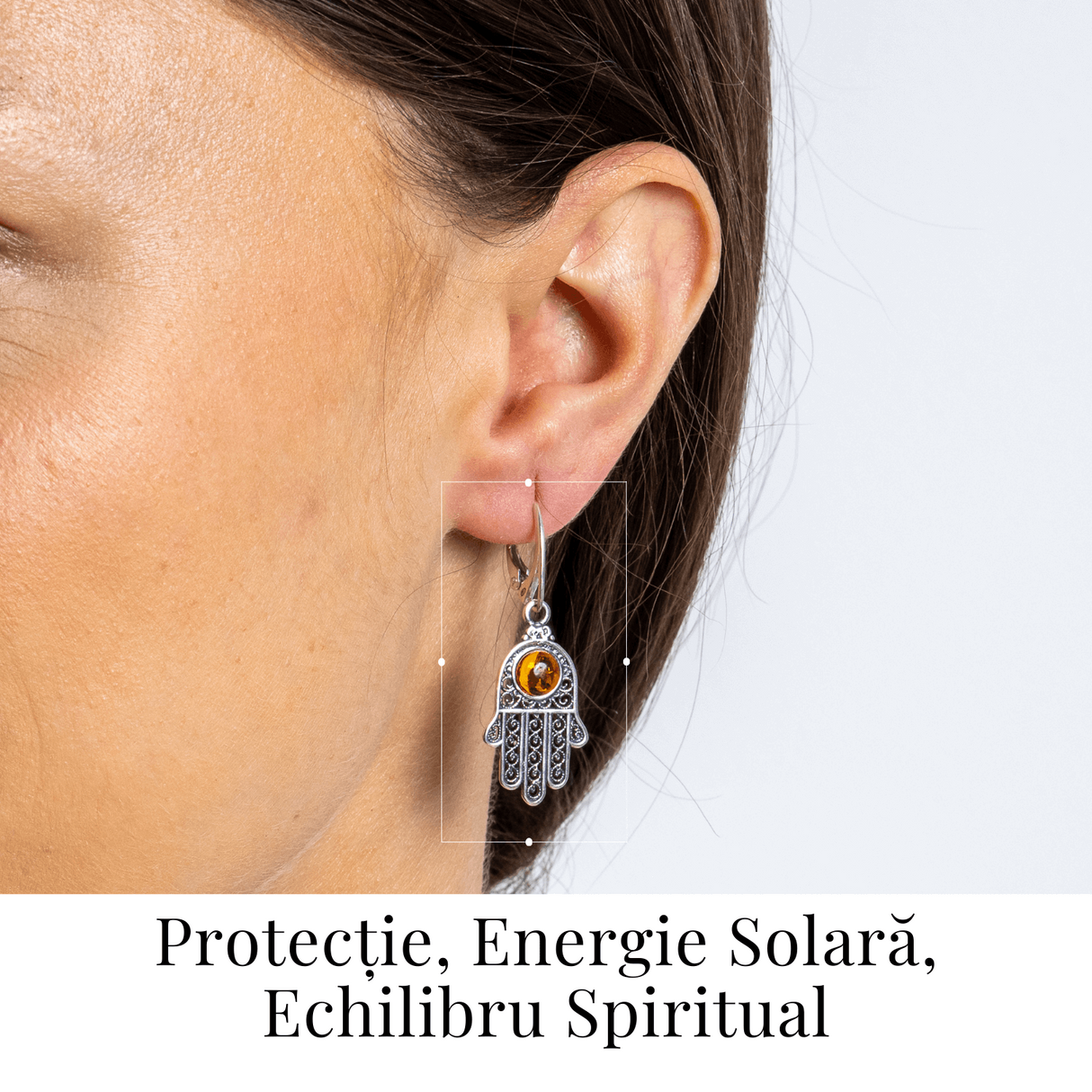 Mana protectiei blande – Cercei cu Mana Fatimei si chihlimbar in montura argint 925