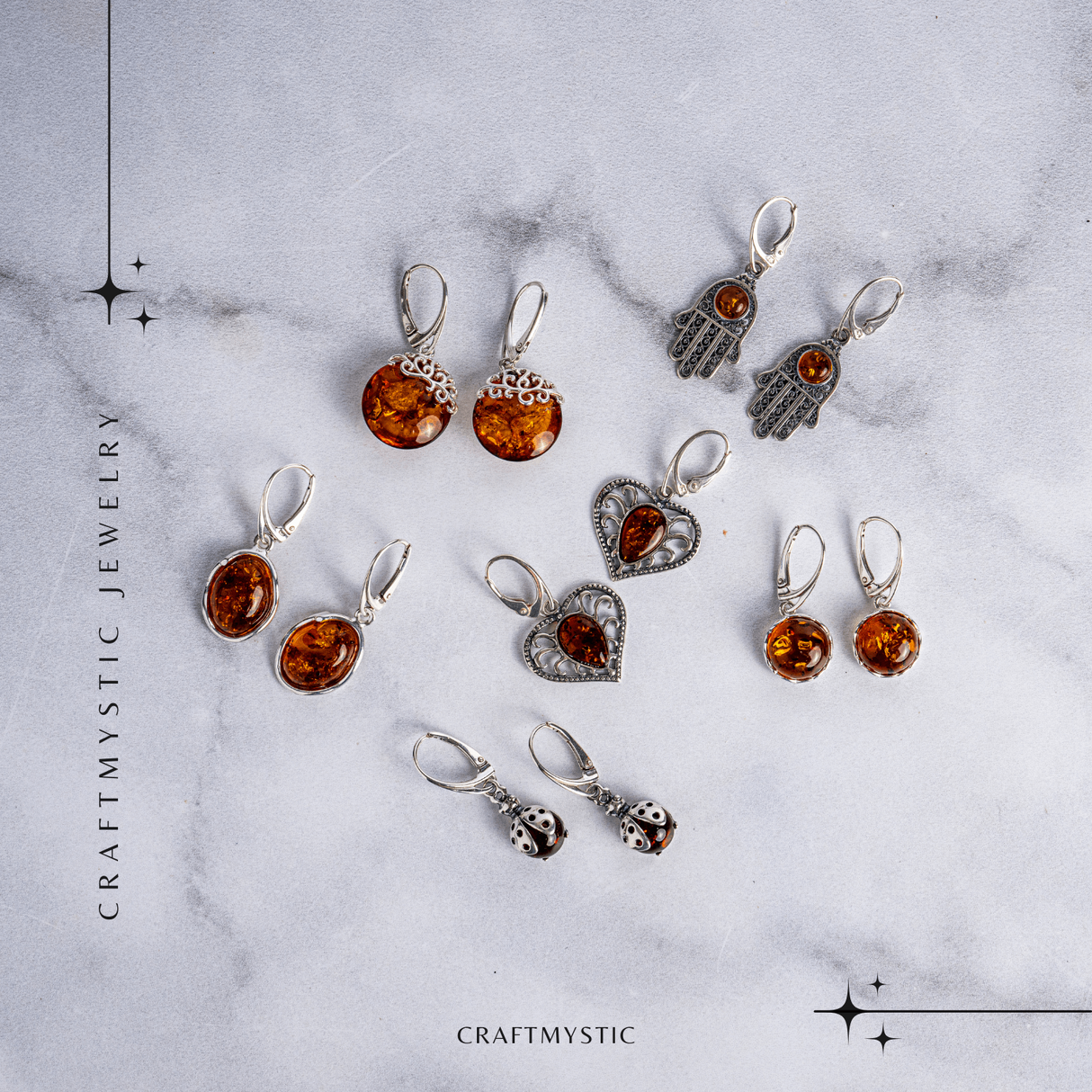 Mana protectiei blande – Cercei cu Mana Fatimei si chihlimbar in montura argint 925