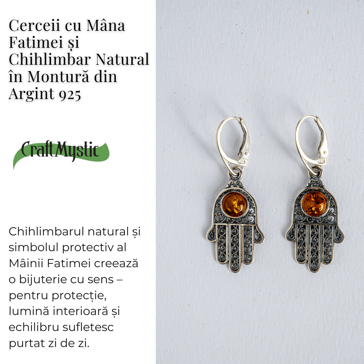 Mana protectiei blande – Cercei cu Mana Fatimei si chihlimbar in montura argint 925