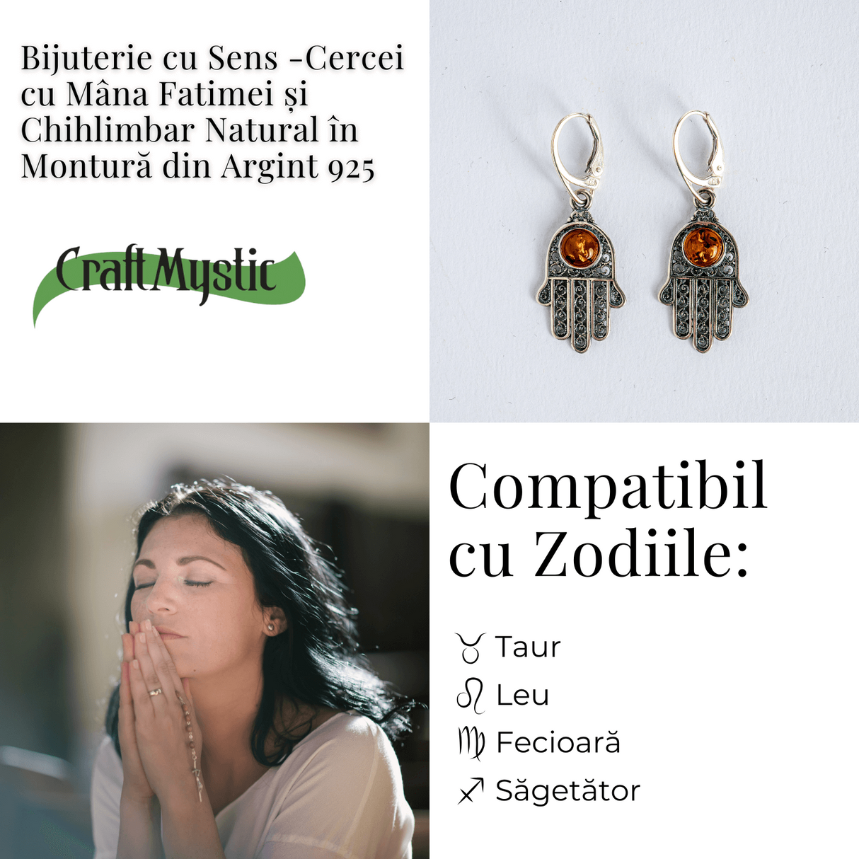 Mana protectiei blande – Cercei cu Mana Fatimei si chihlimbar in montura argint 925