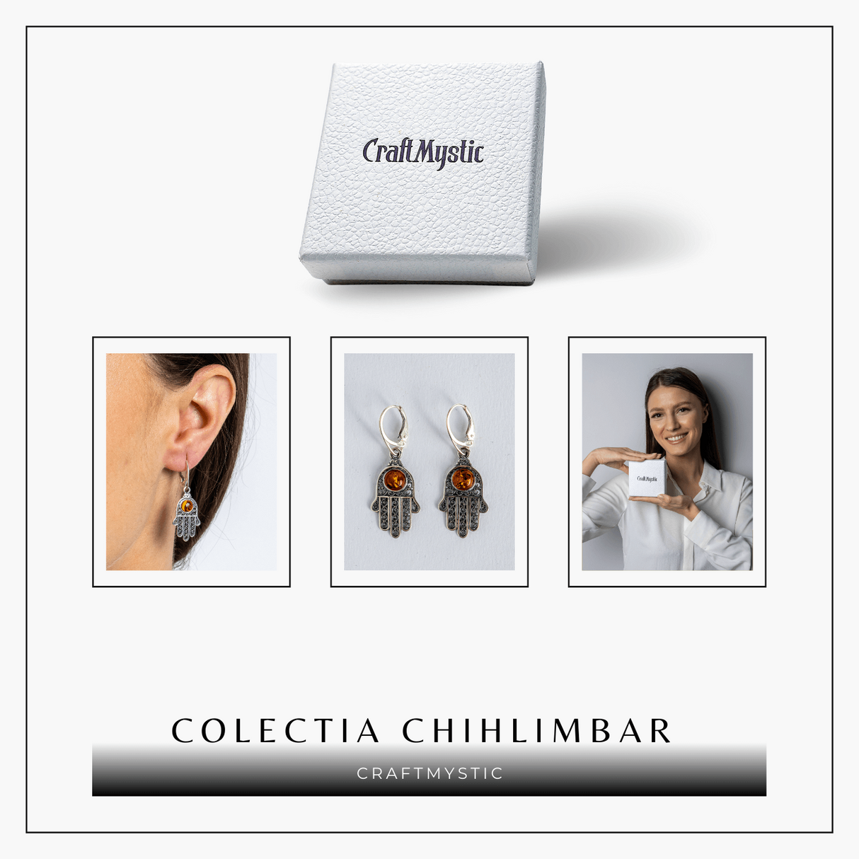 Mana protectiei blande – Cercei cu Mana Fatimei si chihlimbar in montura argint 925