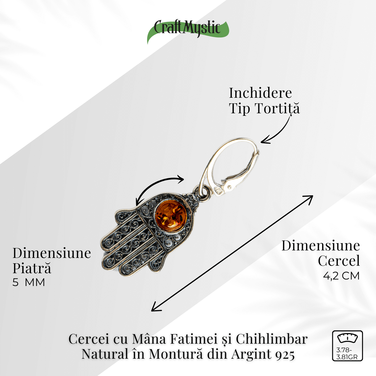 Mana protectiei blande – Cercei cu Mana Fatimei si chihlimbar in montura argint 925