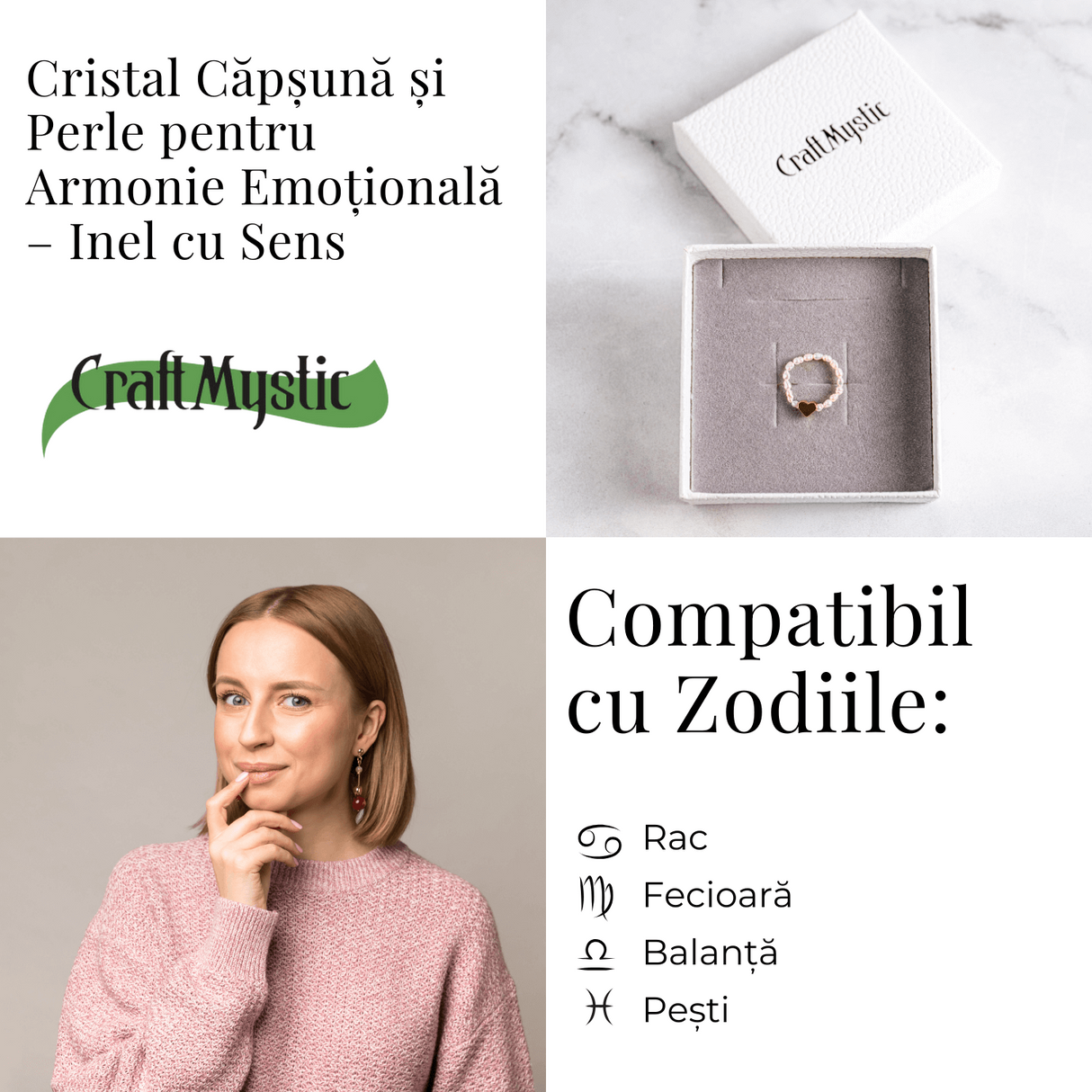 Inel cu sens – Cristal capsuna si perle pentru armonie emotionala