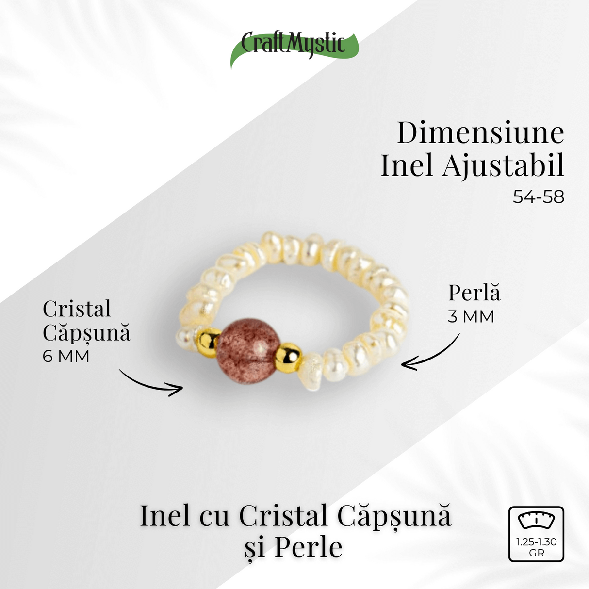 Inel cu sens – Cristal capsuna si perle pentru armonie emotionala