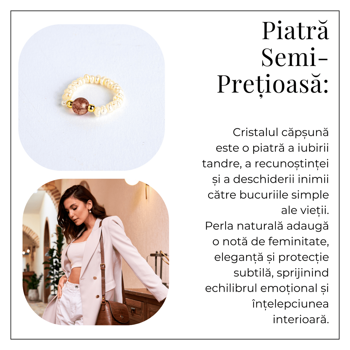 Inel cu sens – Cristal capsuna si perle pentru armonie emotionala