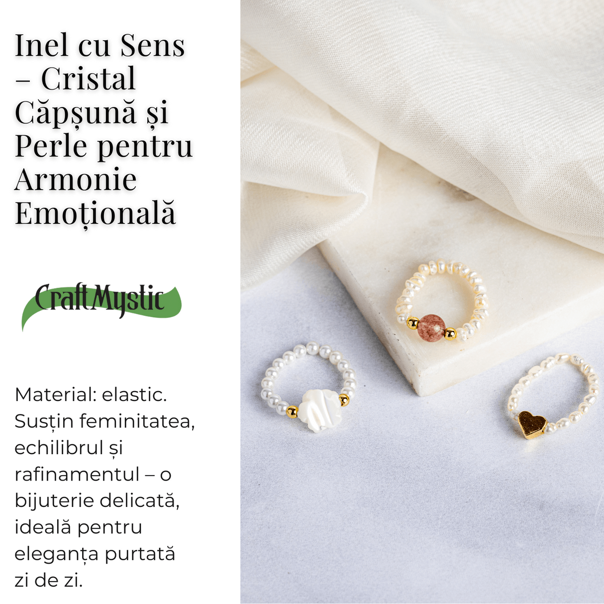 Inel cu sens – Cristal capsuna si perle pentru armonie emotionala