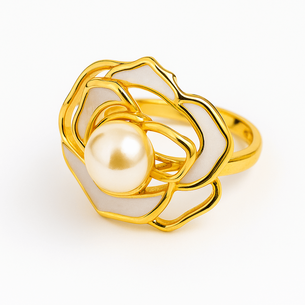 Bijuterie inspirata de natura – Inel floare de camelie cu perla si scoica