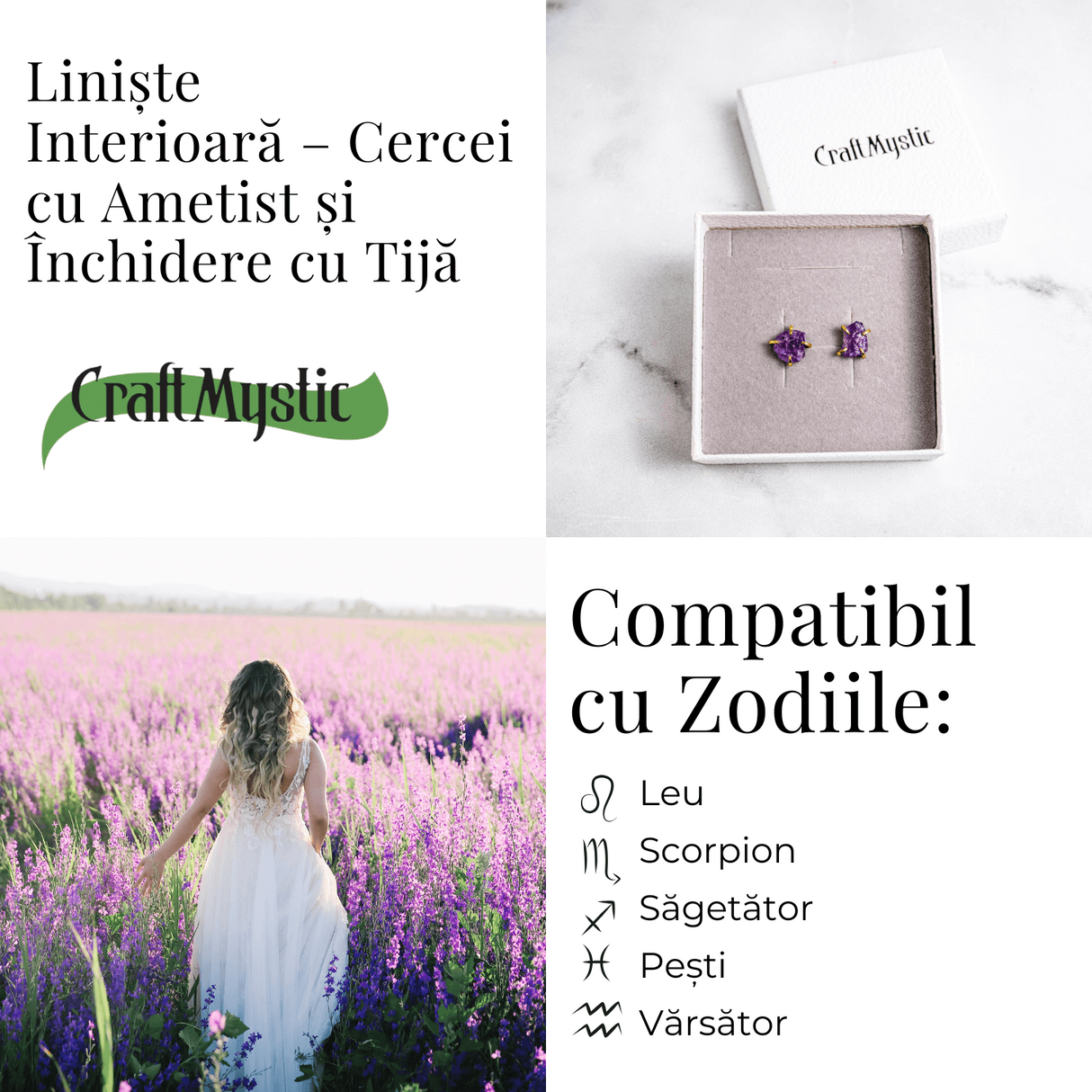 Puterea Linistii – Cercei cu Ametist si Inchidere cu Tija