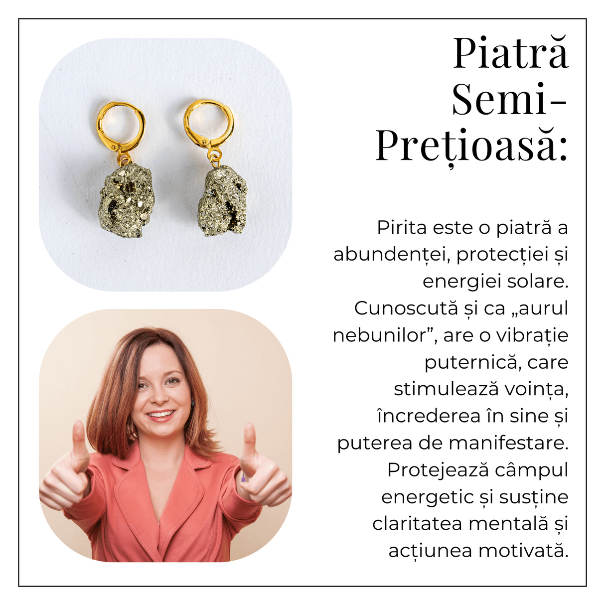 Putere in forma pura – Cercei cu piatra Pirita si montura aurie