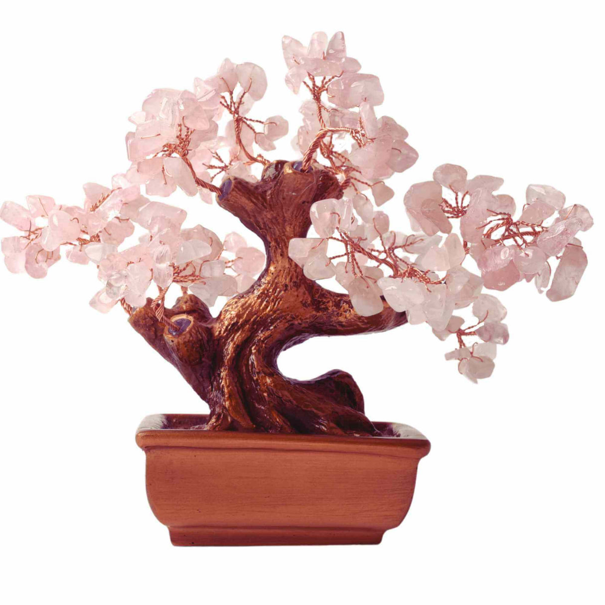 Bonsai cu cristale Cuart Roz pe suport dreptunghiular de ceramica – simbolizeaza: feng shui, noroc, sanatate, bogatie si familie