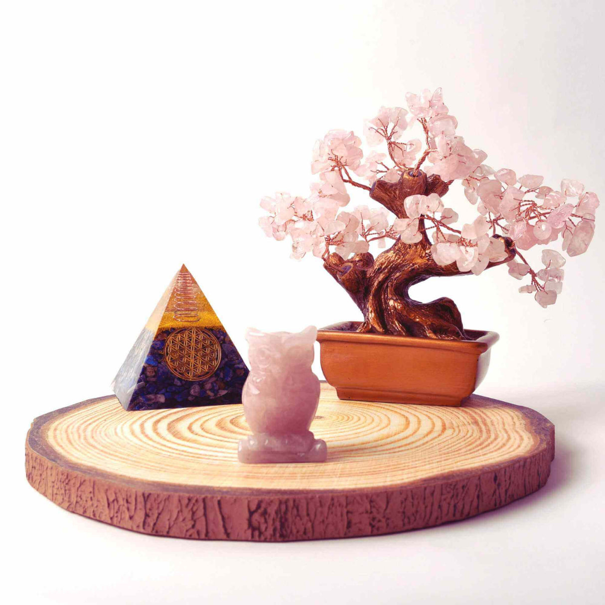 Bonsai cu cristale Cuart Roz pe suport dreptunghiular de ceramica – simbolizeaza: feng shui, noroc, sanatate, bogatie si familie