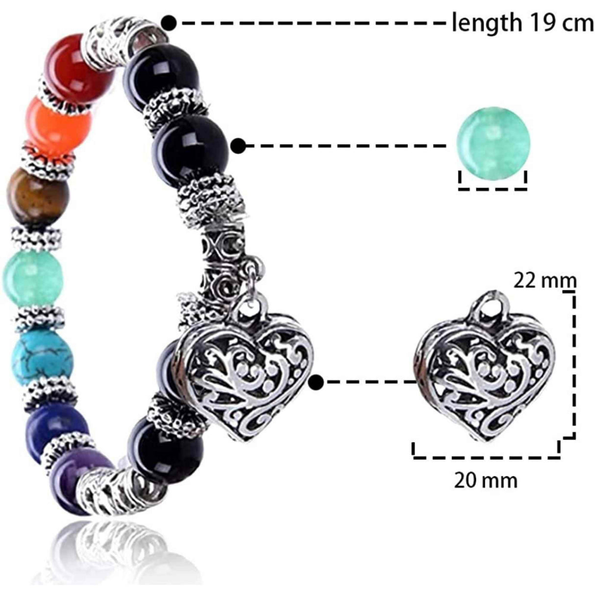 Bratara 7 chakra cu margele din pietre semipretioase si pandantiv inima 10mm