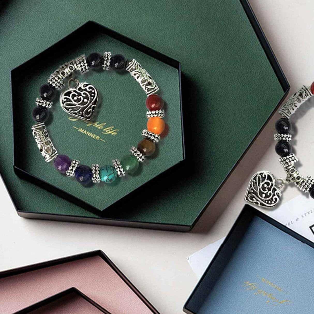 Bratara 7 chakra cu margele din pietre semipretioase si pandantiv inima 10mm