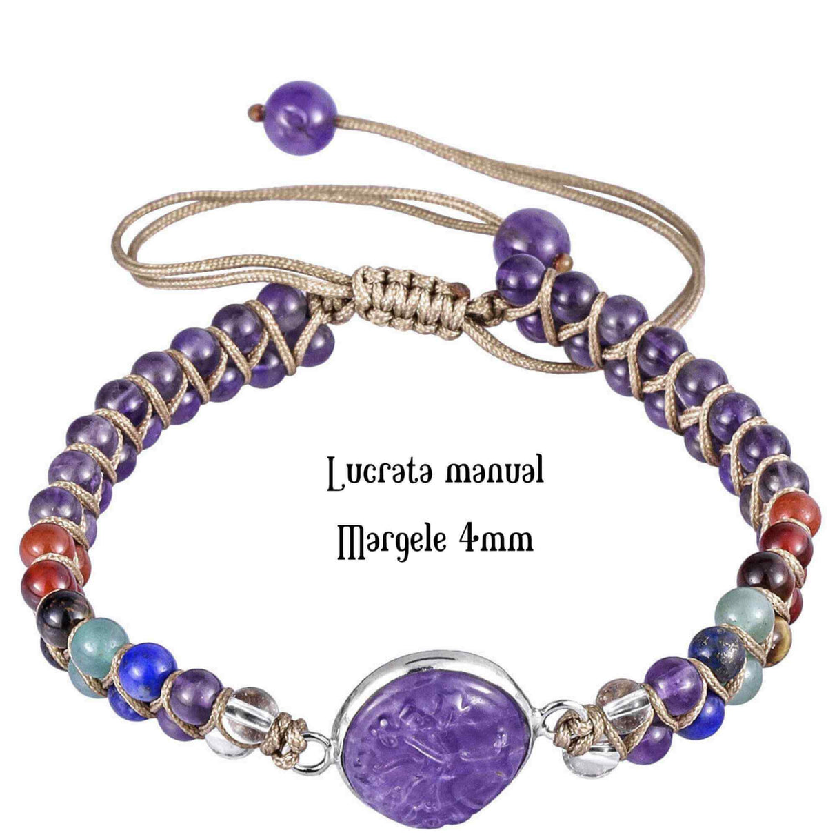 Bratara Reglabila cu Margele 4mm din pietre semipretioase pentru Cele 7 Chakre si Arborele Vietii de Ametist, Realizata Manual