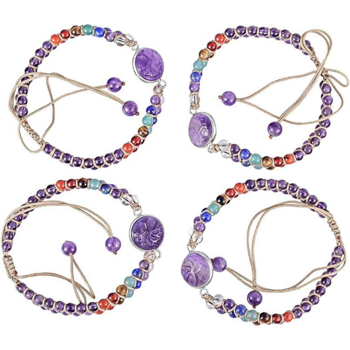 Bratara Reglabila cu Margele 4mm din pietre semipretioase pentru Cele 7 Chakre si Arborele Vietii de Ametist, Realizata Manual