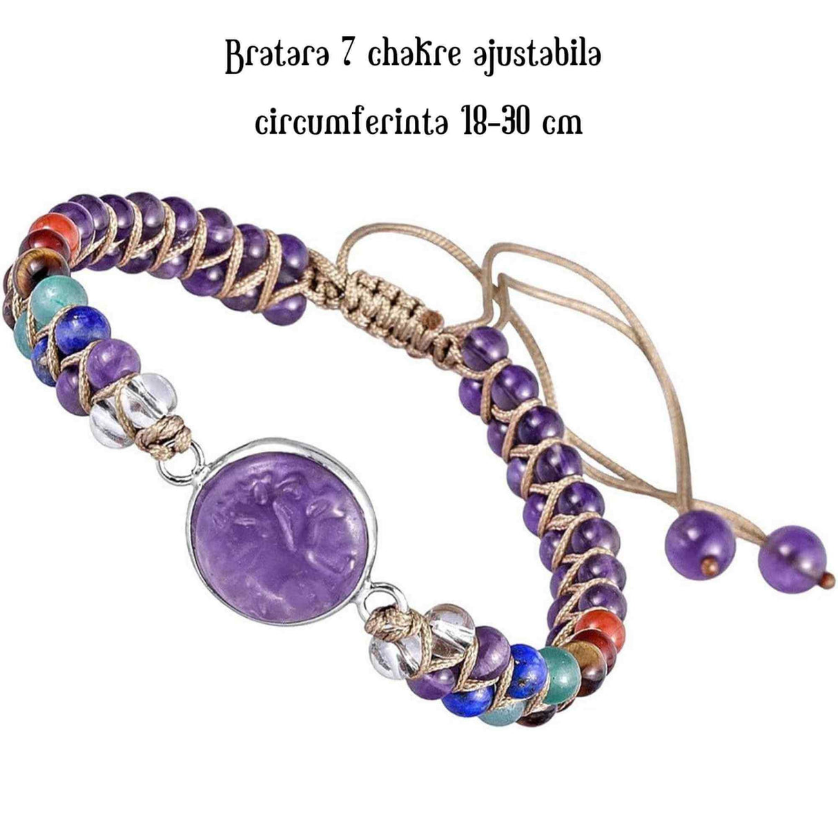 Bratara Reglabila cu Margele 4mm din pietre semipretioase pentru Cele 7 Chakre si Arborele Vietii de Ametist, Realizata Manual