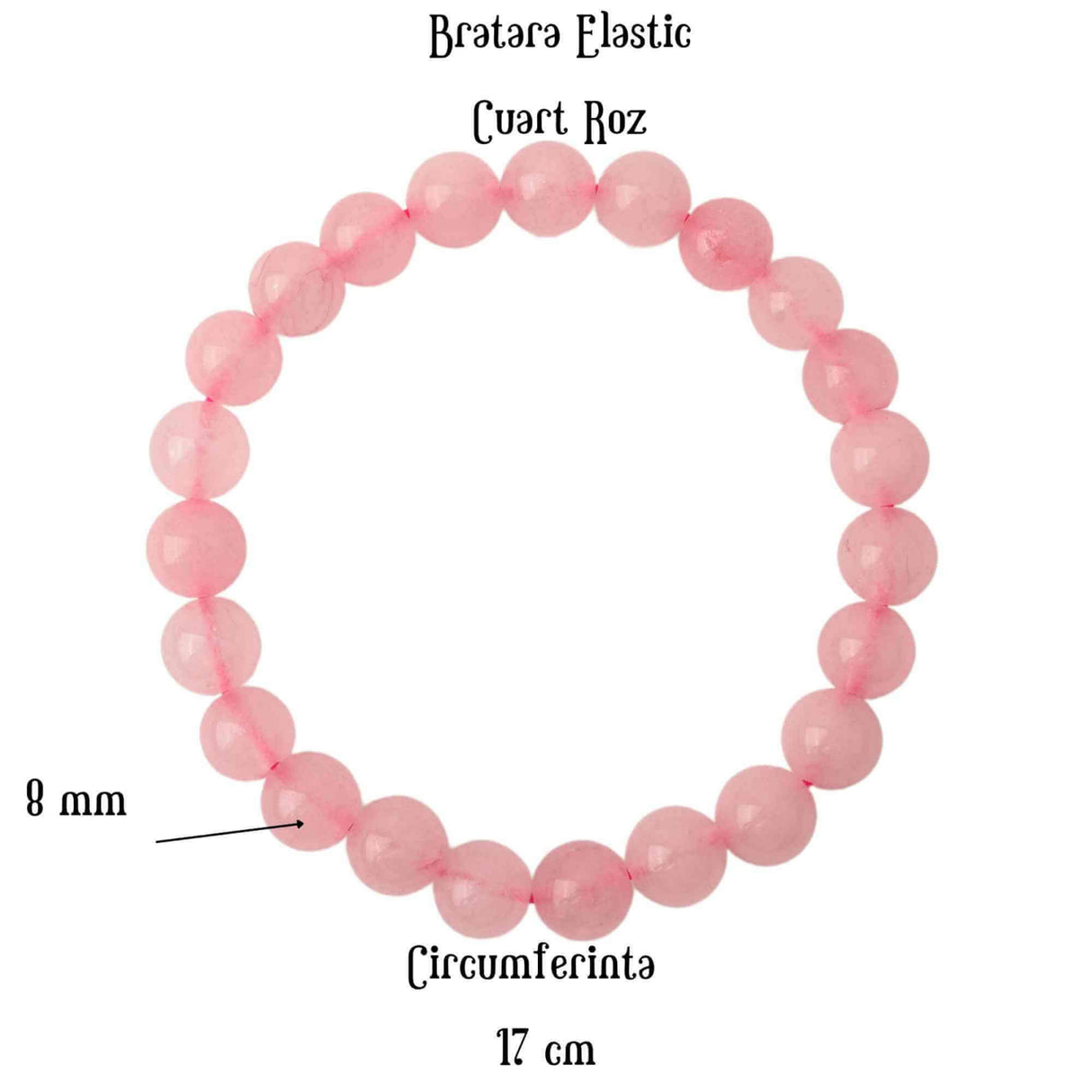 Bratara Elastica cu Margele de 8mm din Cuart Roz, Circumferinta 17 cm - Bijuterie Terapeutica si Cadou Elegant"
