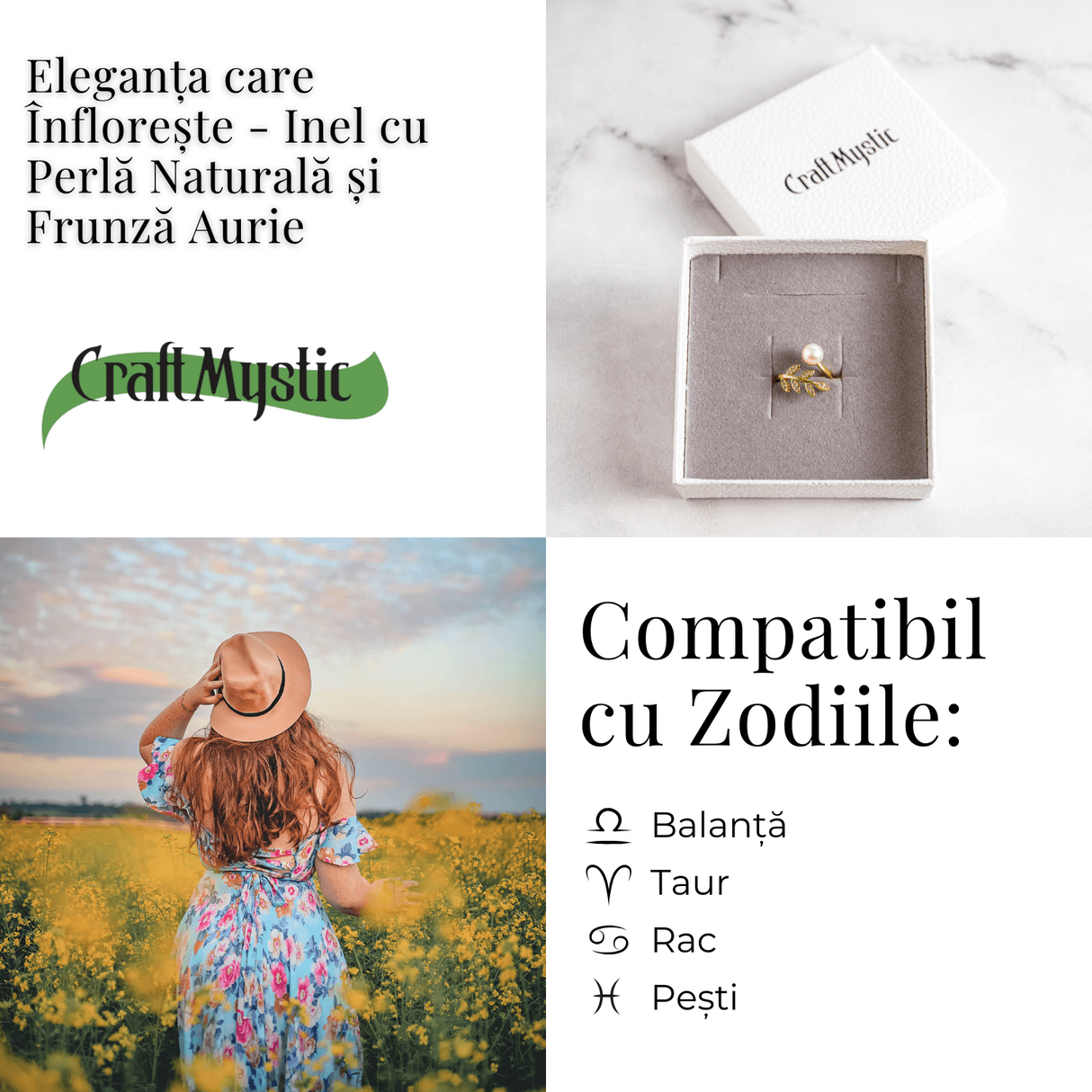 Inel cu perla naturala si frunza aurie – Eleganta care infloreste