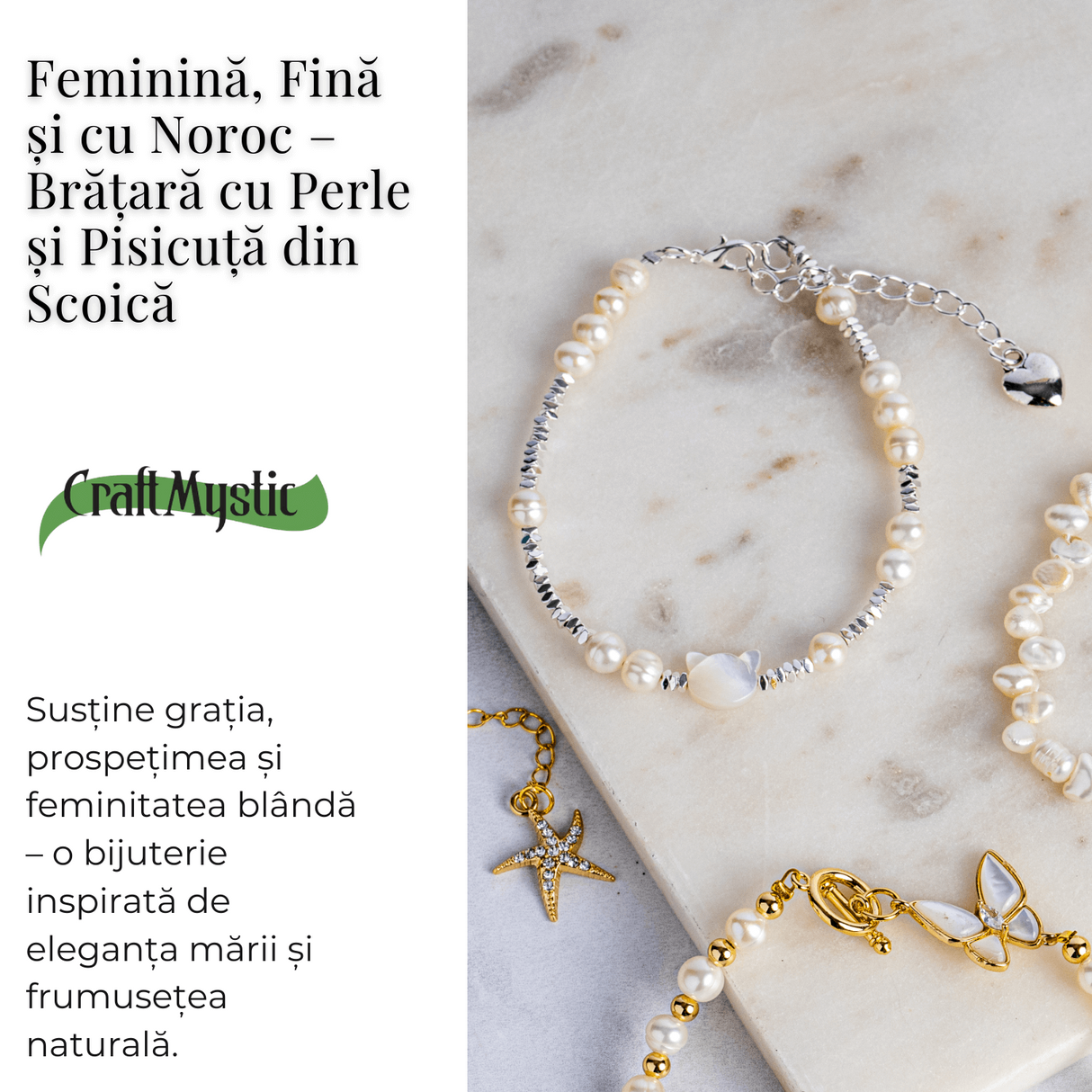 Feminina, fina si cu noroc – Bratara cu perle si pisicuta din scoica