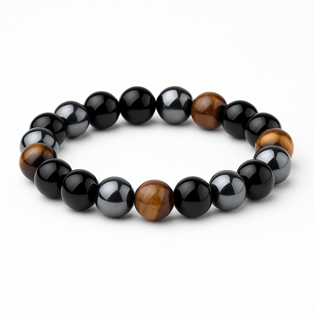 Bratara cu tripla protectie din obsidian negru, ochi de tigru si hematit 10 mm - Bratara feng shui pentru protectie, noroc si prosperitate