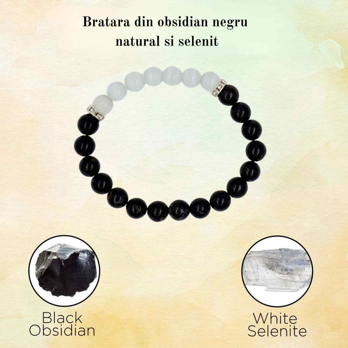 Bratara cu margele 8mm din cristale naturale Obsidian negru si selenit pentru dragoste
