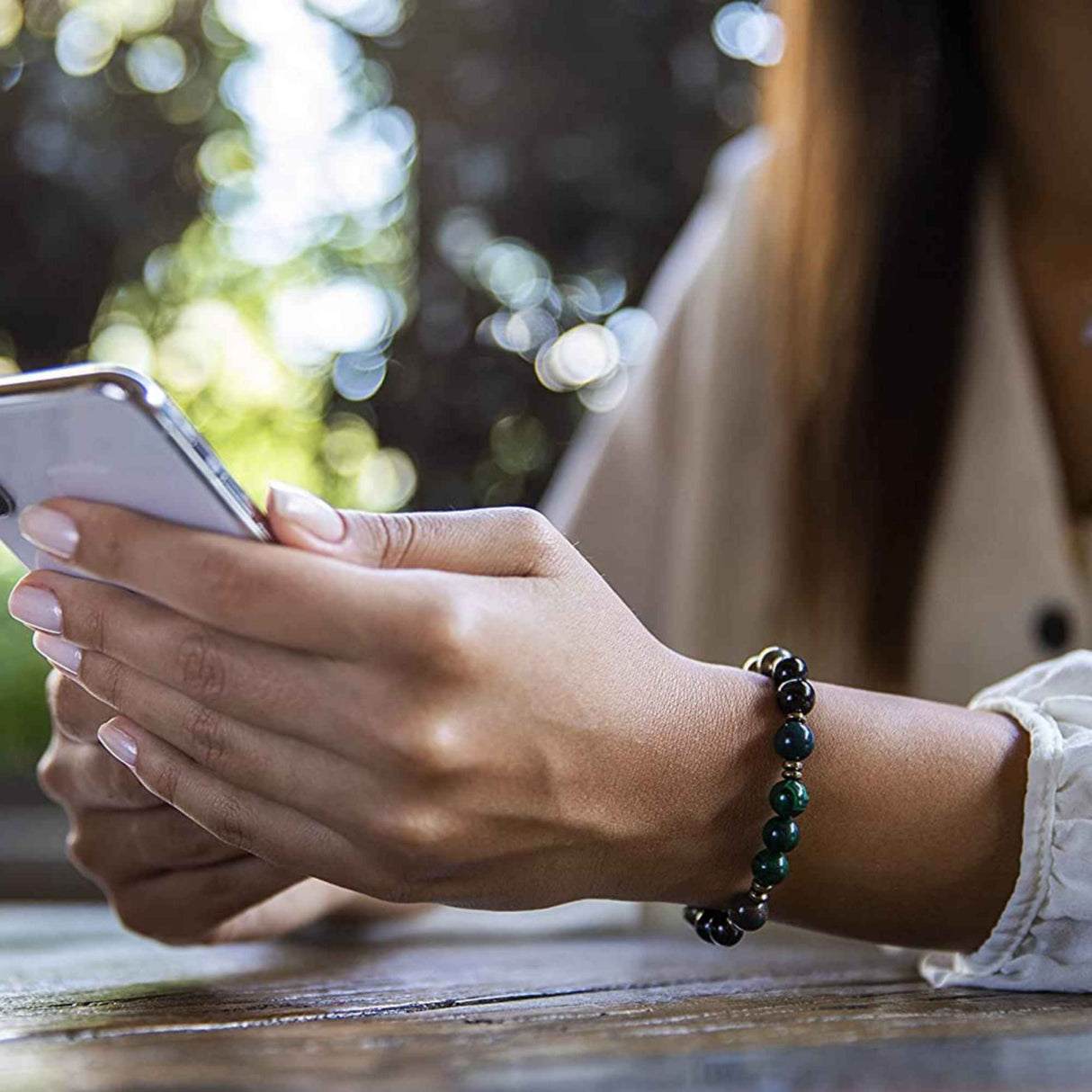 Bratara de cristal cu margele 8mm cu malachit, pirit, piatra de sange si piatra de granat - Bratari spirituale si chakre pentru femei si barbati pentru noroc si noroc