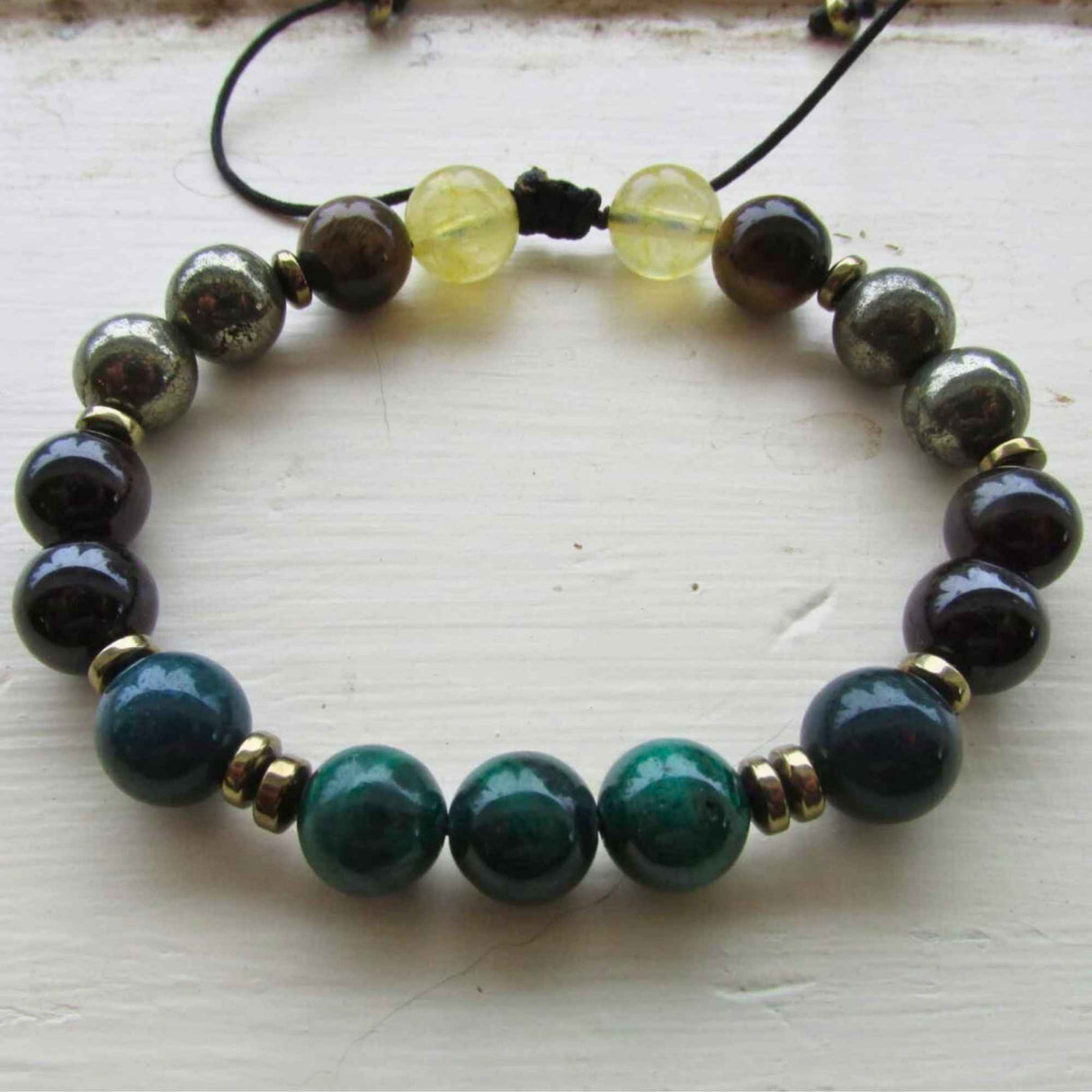 Bratara de cristal cu margele 8mm cu malachit, pirit, piatra de sange si piatra de granat - Bratari spirituale si chakre pentru femei si barbati pentru noroc si noroc