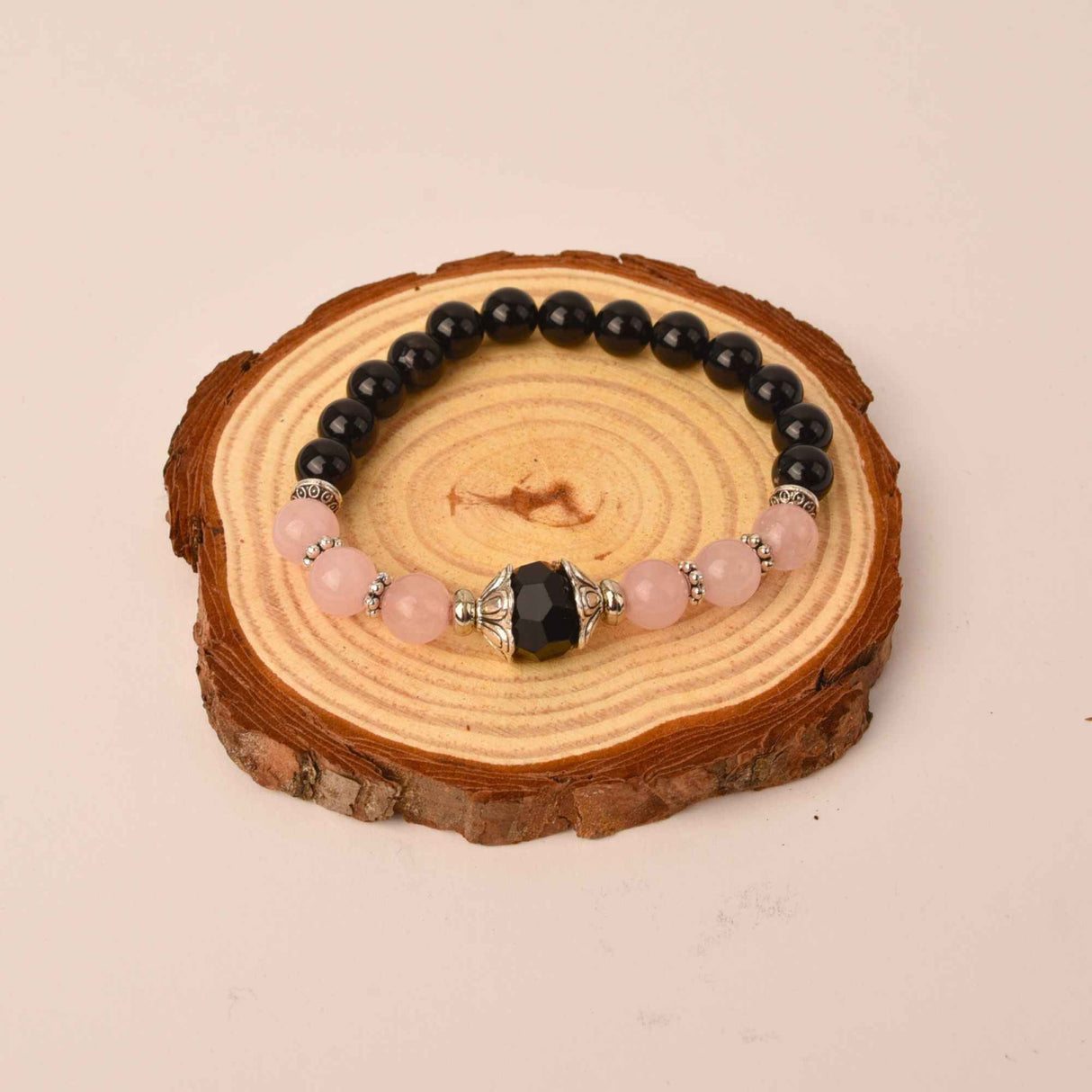 Bratara de vindecare realizata manual cu margele 8mm din cristale semipretioase de onix negru, cuart roz si agat negru