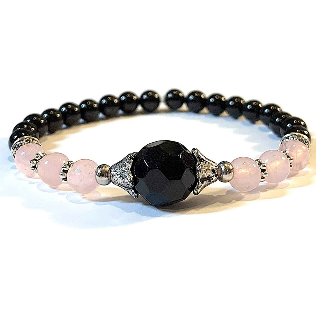 Bratara de vindecare realizata manual cu margele 8mm din cristale semipretioase de onix negru, cuart roz si agat negru