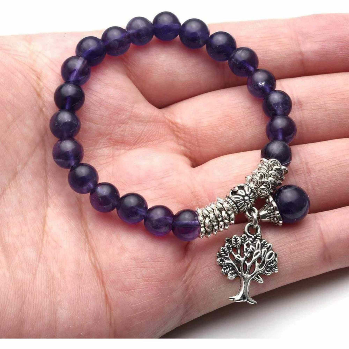 Bratara din pietre semipretioase 8mm Ametist- Pandativ cu Arborele vietii