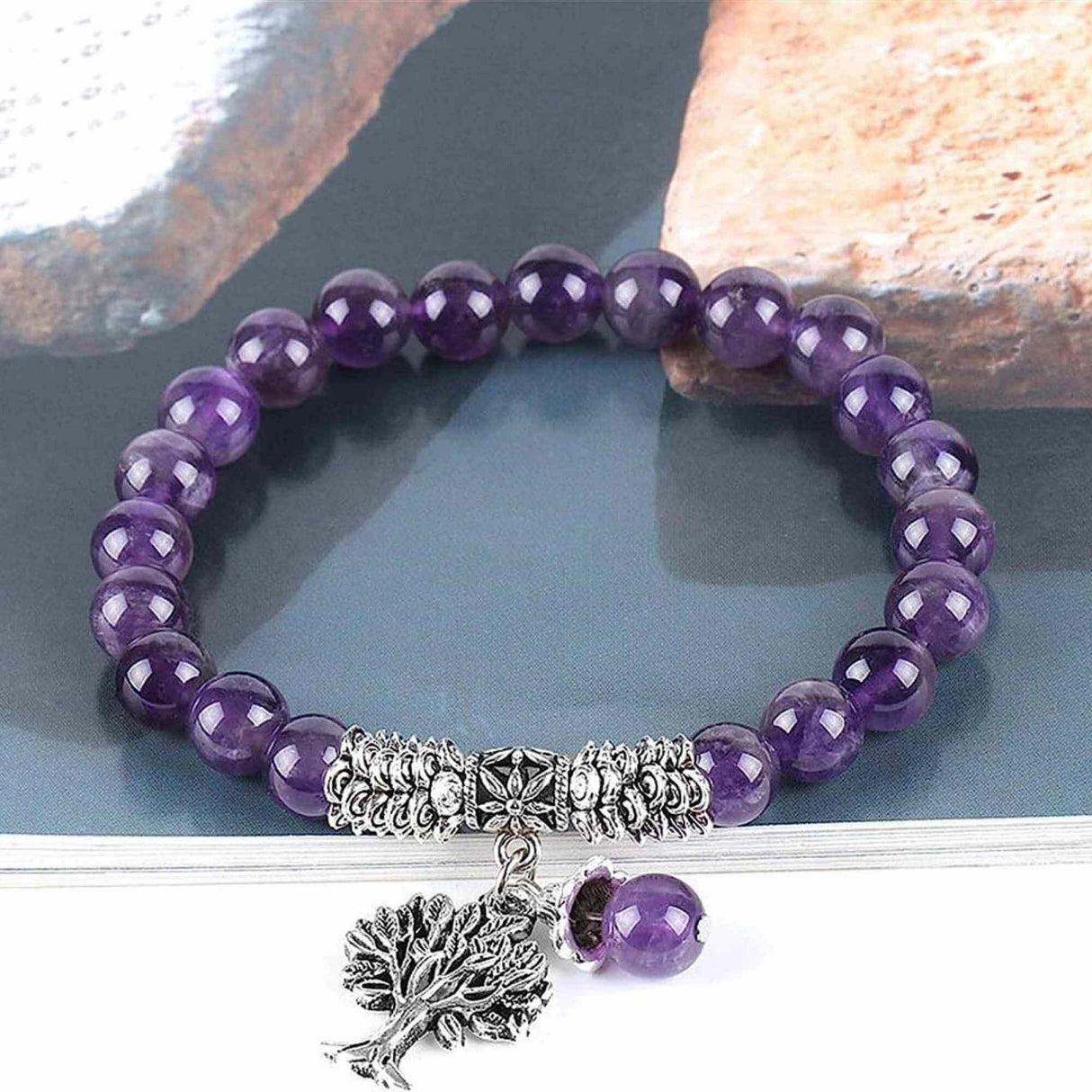 Bratara din pietre semipretioase 8mm Ametist- Pandativ cu Arborele vietii