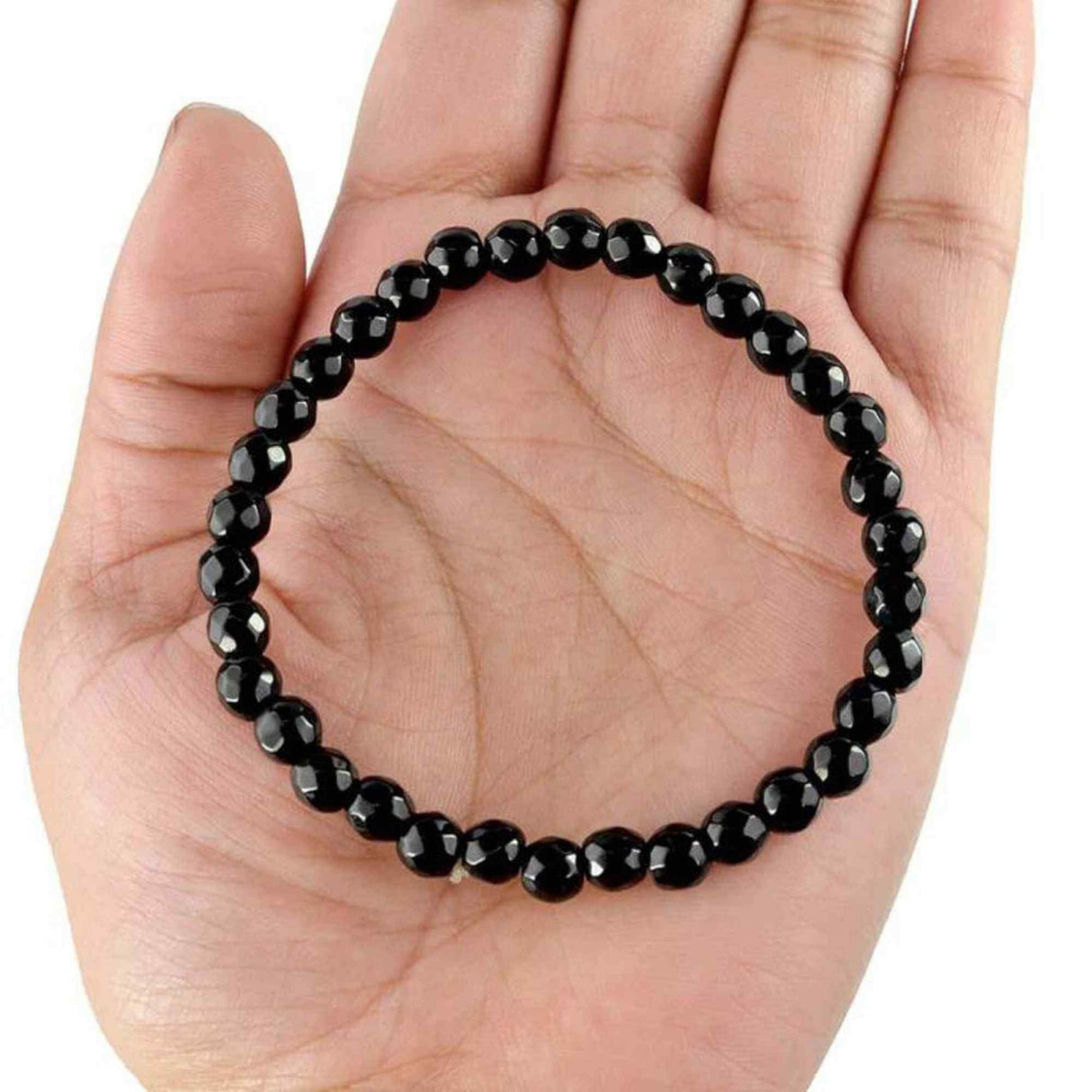 Bratara elastica cu margele de onix negru stralucitor natural de 6 mm - Adevar + Forta - Bratara unisex cu margele neagra de inalta calitate pentru barbati si femei - Dimensiune reglabila