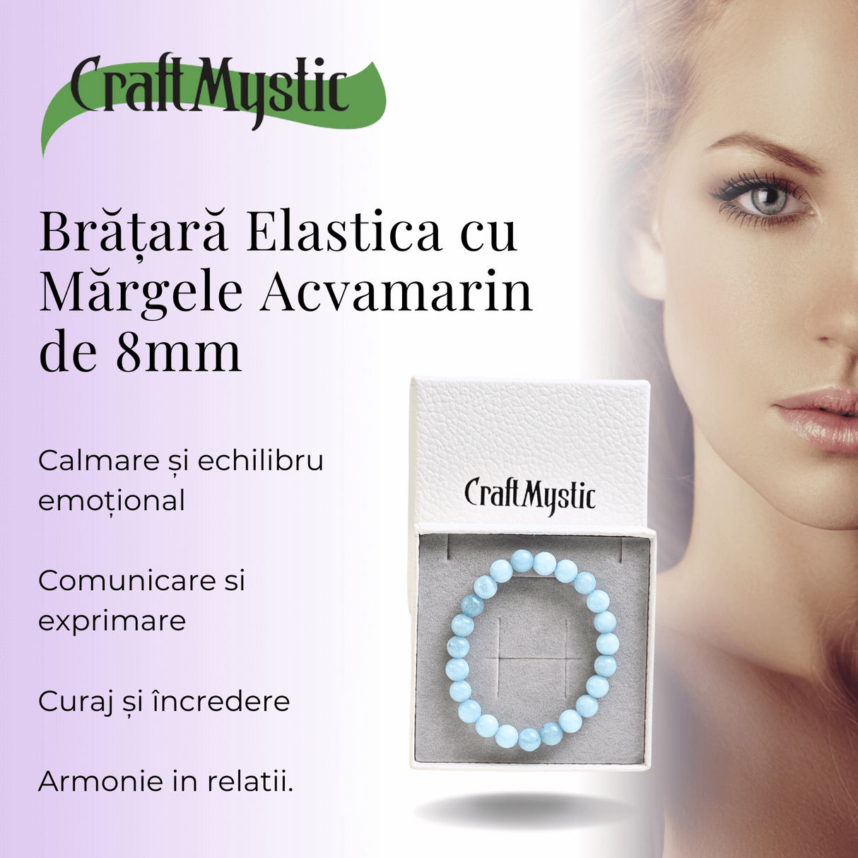 Bratara Elastica cu Margele de Acvamarin 8mm