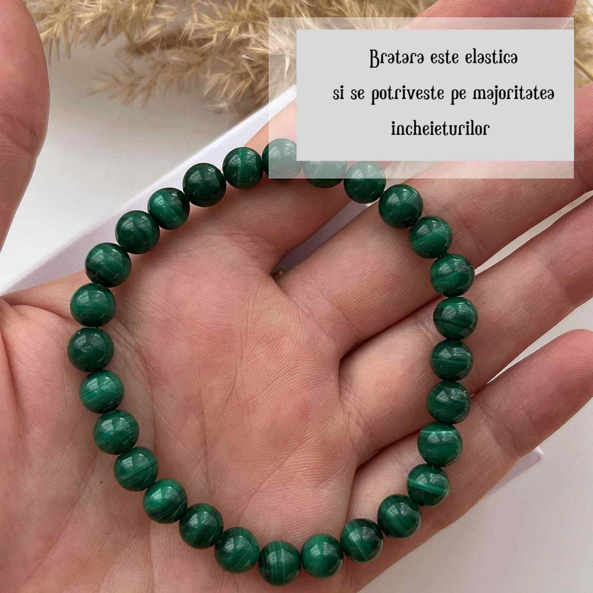 Bratara elastica lucrata manual cu Malachit natural India Margele Rotunde Semi-Pretioase de 6mm Unisex Lungime 15 cm