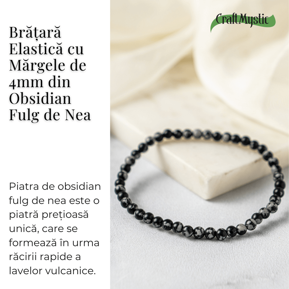 Bratara elastica 4mm din Obsidian Fulg de Nea – Protectie si Echilibru