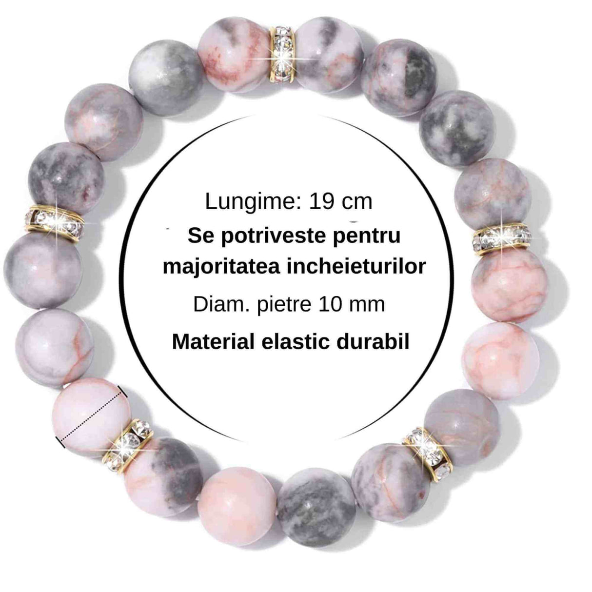 Bratara elastica cu pietre semipretioase zebra stone roz de 10 si 5 mm cu margele aurii si strasuri