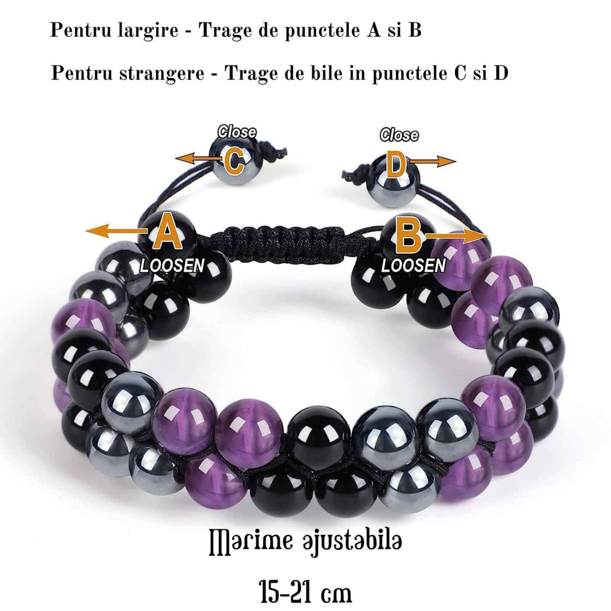 Set colier si bratara cu tripla protectie cu cristale naturale lucrata manual pentru barbati si femei - Margele de 8 mm din hematit, obsidian negru si ametist - Protectie, noroc