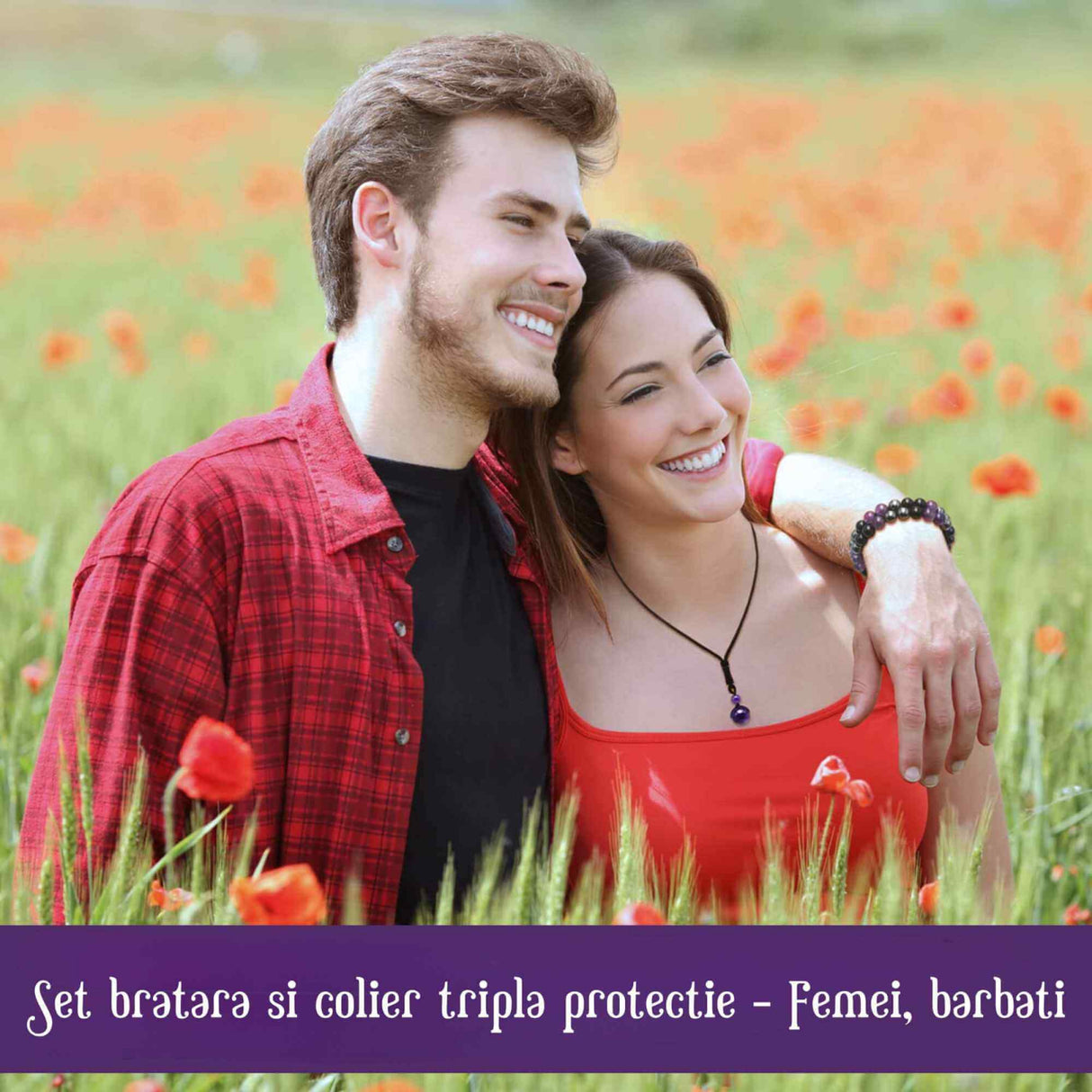 Set colier si bratara cu tripla protectie cu cristale naturale lucrata manual pentru barbati si femei - Margele de 8 mm din hematit, obsidian negru si ametist - Protectie, noroc